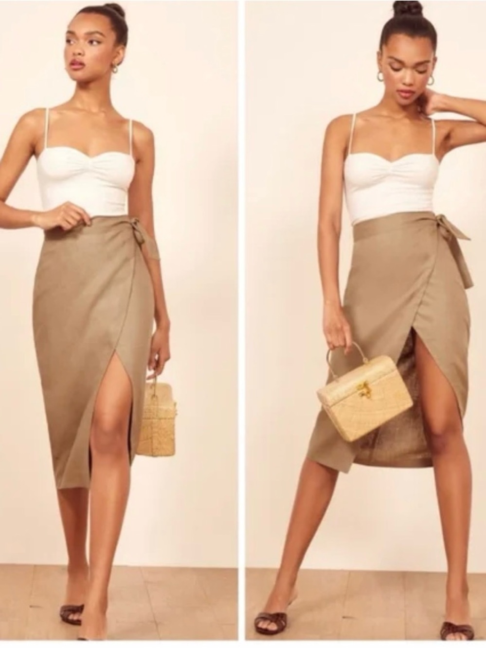 Reformation Florence Wrap Midi Skirt in Khaki